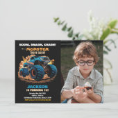 Blue Monster Truck Verjaardag Uitnodigingen Foto (Staand voorkant)