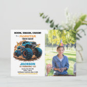 Blue Monster Truck Verjaardag Uitnodigingen Foto (Staand voorkant)