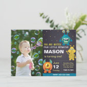 Blue Monster Verjaardag Uitnodiging met Foto (Staand voorkant)