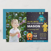 Blue Monster Verjaardag Uitnodiging met Foto (Voorkant / Achterkant)