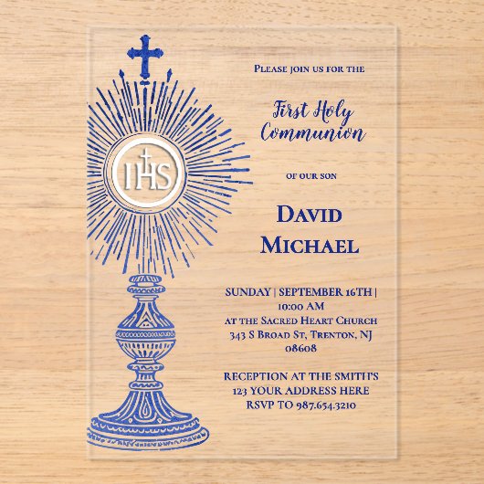 blue monstrance design | First Holy Communion Acryl Uitnodigingen (Voorkant)