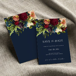 Blue Moody Floral Bourgondië Bruiloft Save the Dat Kaart