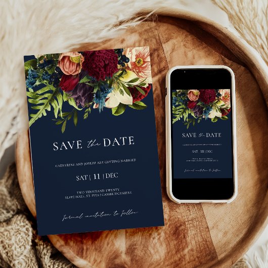 Blue Moody Floral Bourgondië Bruiloft Save the Dat Kaart