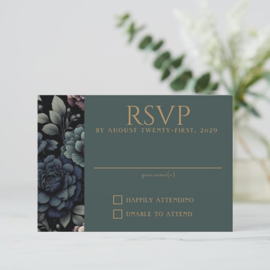 Blue Moody Floral RSVP Kaartje (Staand voorkant)