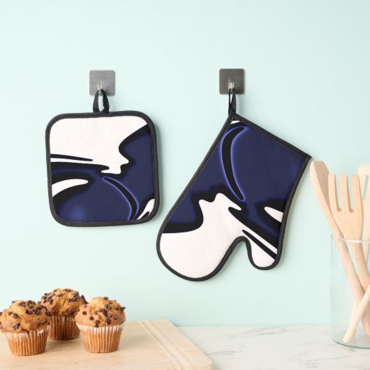 Blue Moon: Abstract blauw, wit & zwart Ovenwant & Pannenlap Set (Insitu(Ophanging))