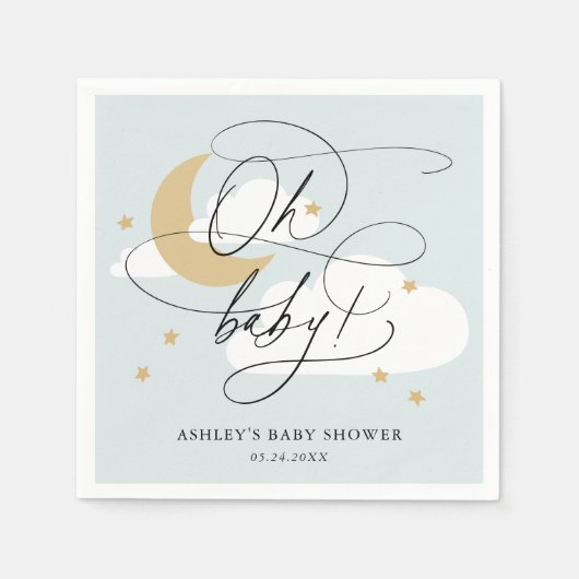 Blue Moon and Stars Script Oh Baby shower Napkins Servet (Voorkant)