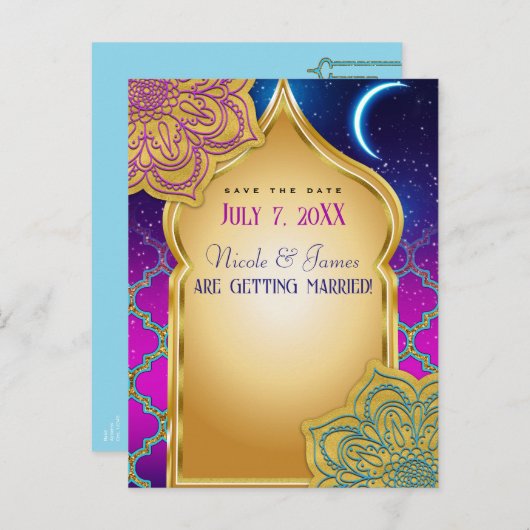 Blue Moon Arabian Nights Glam Gold Bewaar de datum Aankondigingskaart (Voorkant / Achterkant)