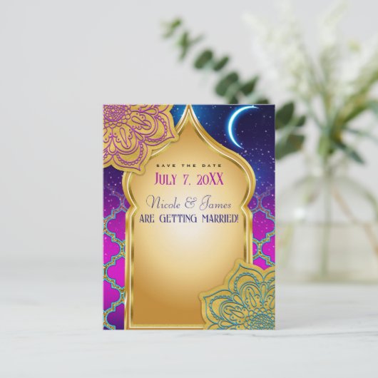 Blue Moon Arabian Nights Glam Gold Bewaar de datum Aankondigingskaart (Staand voorkant)