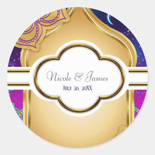 Blue Moon Arabian Nights Glam Gold Paarse bruiloft Ronde Sticker (Voorkant)