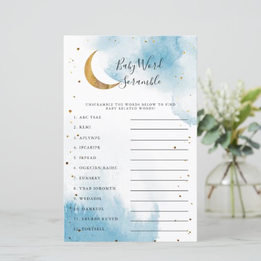Blue Moon Baby shower Word Scramble Game (Staand voorkant)