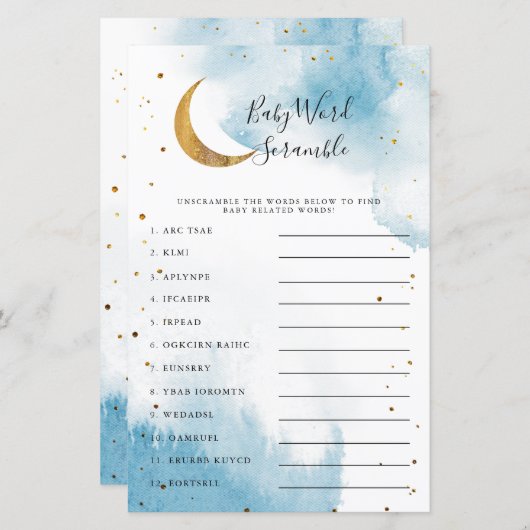 Blue Moon Baby shower Word Scramble Game (Voorkant / Achterkant)