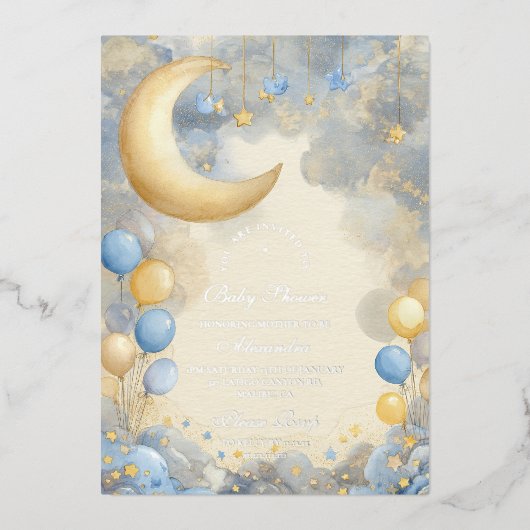 Blue Moon en Stars Baby shower Folie Uitnodiging (Voorkant)