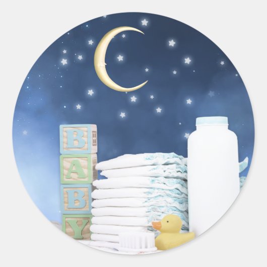 Blue Moon en Stars Baby shower Ronde Sticker (Voorkant)