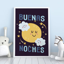 Blue Moon en Stars Nursery Art in Spaans Poster