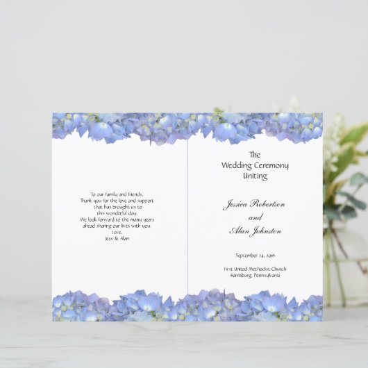 Blue Moon Folded Hydrangea Wedding Programme (Staand voorkant)