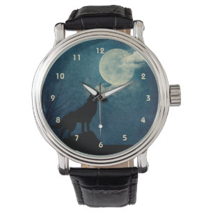 Blue Moon, Full Moon Howling Wolf Custom Watch Horloge