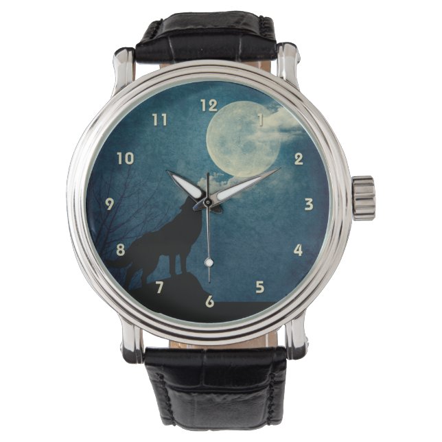 Blue Moon, Full Moon Howling Wolf Custom Watch Horloge (Voorkant)