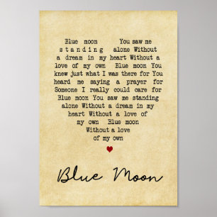 Blue Moon  Heart Song Lyric Wall Art afdrukken Poster