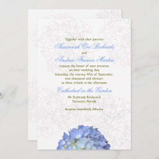 Blue Moon Hydrangea Wedding Invitation Kaart (Voorkant / Achterkant)