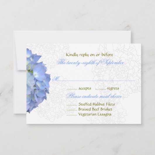 Blue Moon Hydrangea Wedding RSVP Menu Kaarten (Voorkant)