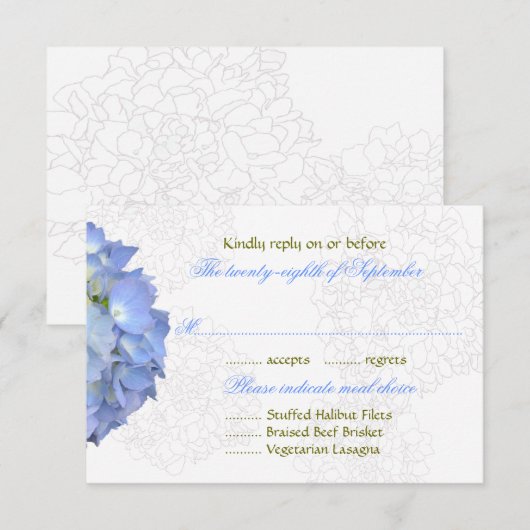 Blue Moon Hydrangea Wedding RSVP Menu Kaarten (Voorkant / Achterkant)