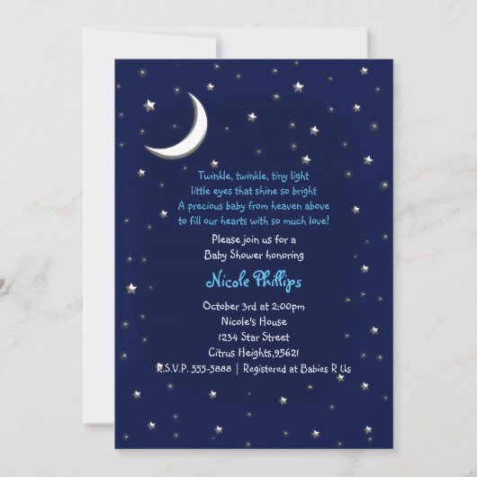 Blue Moon & Stars Celestial Baby shower Invitation Kaart (Voorkant)