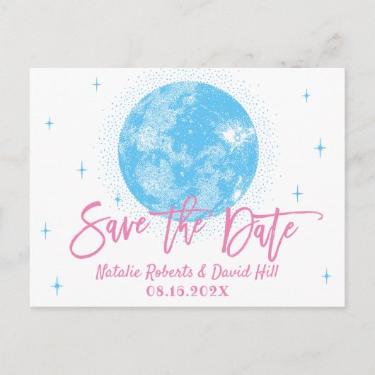 Blue Moon & Stars Celestial Wedding Save the Date Aankondigingskaart (Voorkant)