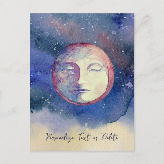 Blue Moon Waterverf Schattige Witchy Celestial Briefkaart (Voorkant)