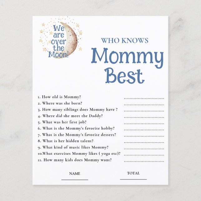Blue Moon Who knows Mommy Best Baby Shower Game (Voorkant)