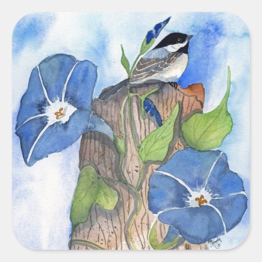 Blue Morning Glories en Chickade Vierkante Sticker (Voorkant)