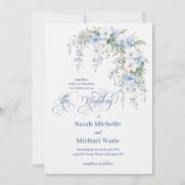 Blue Morning Glory Calligraphy Wedding Invitation Kaart (Voorkant)