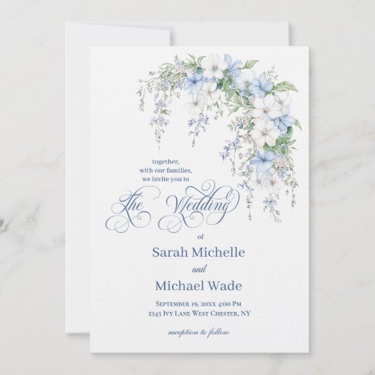 Blue Morning Glory Calligraphy Wedding Invitation Kaart (Voorkant)