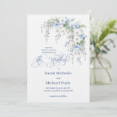 Blue Morning Glory Calligraphy Wedding Invitation Kaart (Staand voorkant)