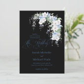 Blue Morning Glory Calligraphy Wedding Invitation Kaart (Staand voorkant)