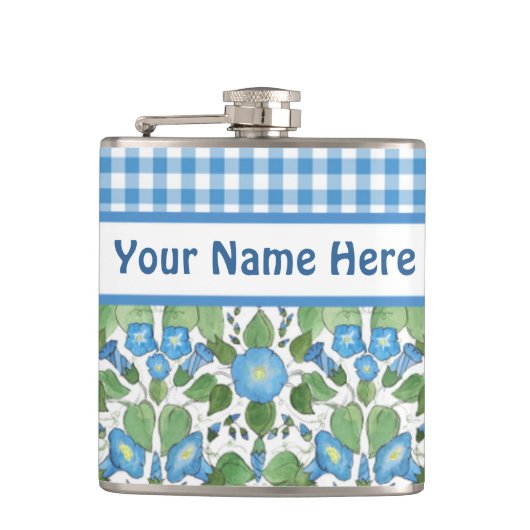 Blue Morning Glory en Check Gingham Hip Flask Heupfles (Voorkant)