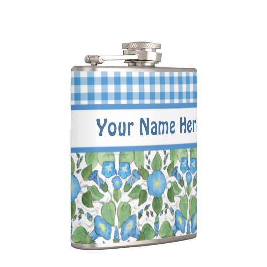 Blue Morning Glory en Check Gingham Hip Flask Heupfles (Rechts)