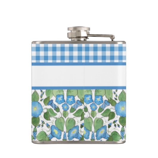 Blue Morning Glory en Check Gingham Hip Flask Heupfles (Achterkant)