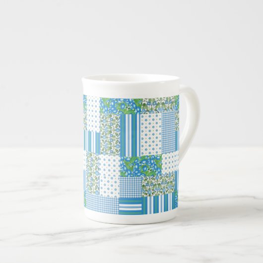 Blue Morning Glory Faux Patchwork Bone China Mok (Voorkant rechts)