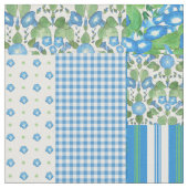 Blue Morning Glory Faux Patchwork Fabric Stof (Close Up)