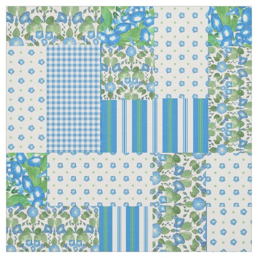 Blue Morning Glory Faux Patchwork Fabric Stof (Swatch)