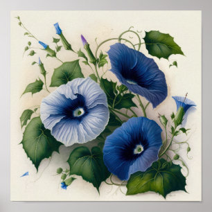 Blue Morning Glory Flowers Art Print Poster