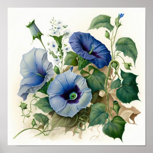 Blue Morning Glory Flowers Art Print Poster (Voorkant)