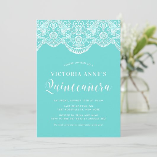 Blue Moroccan Lace Quinceañera Invitation Kaart (Staand voorkant)