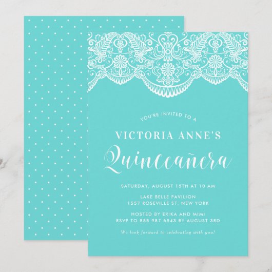 Blue Moroccan Lace Quinceañera Invitation Kaart (Voorkant / Achterkant)