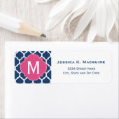 Blue Moroccan Lattice Pink Monogram Quatrefoil Etiket (Insitu)