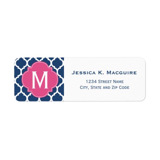 Blue Moroccan Lattice Pink Monogram Quatrefoil Etiket (Voorkant)