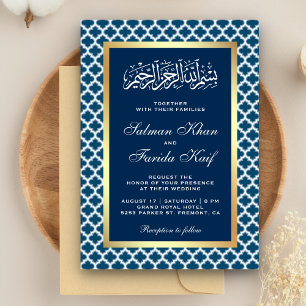 Blue Moroccan Quatrefoil Pattern Islamic Wedding Kaart