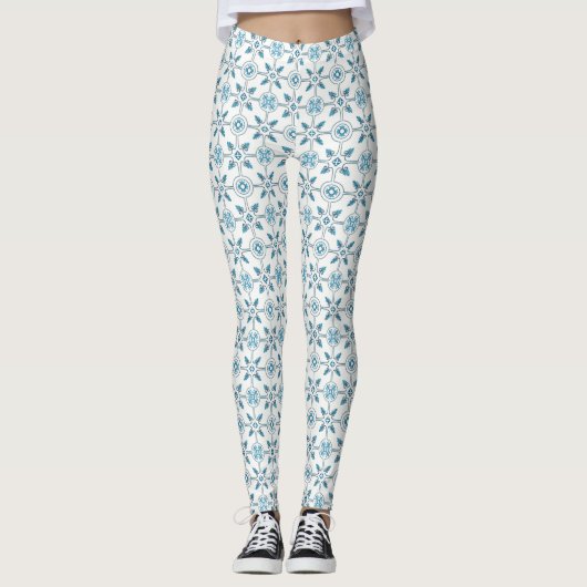 Blue Moroccan Tegel Pattern Leggings (Voorkant)