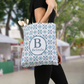Blue Moroccan Tegel Pattern Monogram Tote Bag
