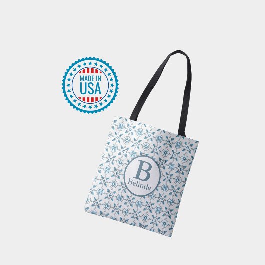 Blue Moroccan Tegel Pattern Monogram Tote Bag